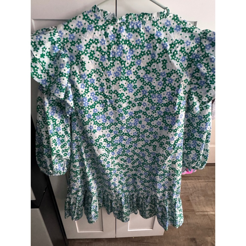 Sugarlips Green Blue Floral Ruffle Shoulder Tie Neck Mini Dress Womens Medium